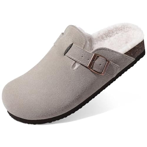 KIDMI Women's Fur Lined Suede Clogs Fuzzy Cork Footbed Mules Slip On Winter Potato Shoes, Grey 41 (Size 9.5) - Image 1