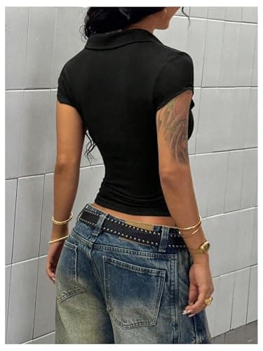 Milumia Women's Short Sleeve Gothic Top Y2k Collared Fitted Shirt Black Large - Thumbnail 2