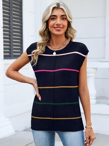Bellcoco Womens Cap Sleeve Summer Tops Striped Sweater Vest Lightweight Casual Crewneck Loose Knit Pullover Tank Top Beach Vacation Outfits Navy Blue L - Thumbnail 2