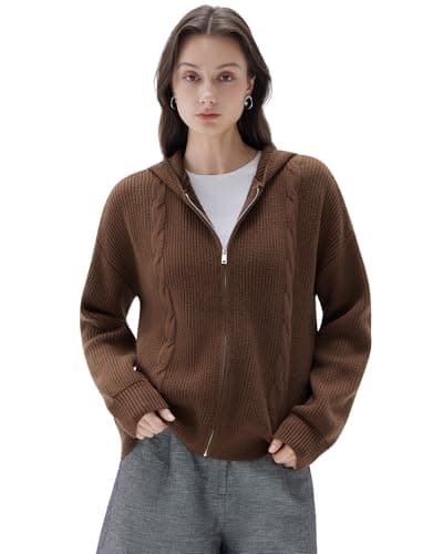 SUUKSESS Women Chunky Knit Cashmere Blend Sweaters Zip up Oversized Hoodies Cardigan with Pockets Long Sleeve Fall Jackets Outerwear (Brown, XL) - Image 1