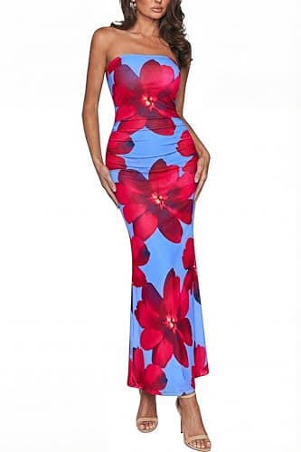 PRETTYGARDEN Womens Spring Dresses 2026 Sexy Strapless Tube Bodycon Mesh Ruched Floral Maxi Dress Wedding Club Outfits(Blue Red Flower,Large) - Image 1