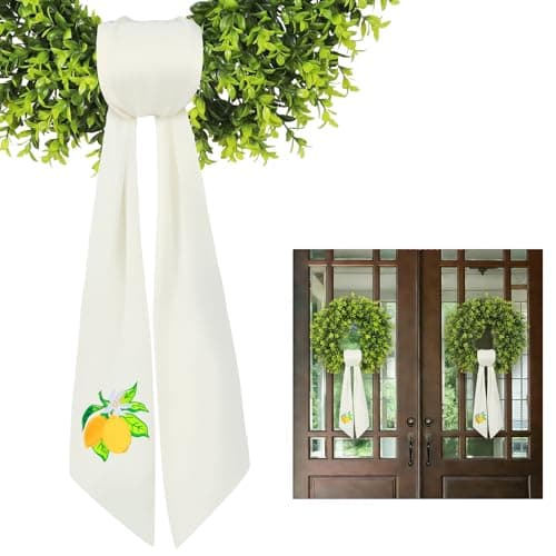 Ezyec Summer Lemon Wreath Sash for Front Door (59" Long) - High-Density White Satin Ribbon with Embroidered Citrus Design - Vibrant Yellow Decor for Boxwood Wreaths, Weather-Resistant & Washable - Image 1