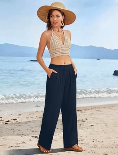 FireSwan Linen Pants Women Wide Leg Palazzo Pants Flowy Elastic Waist Summer Beach Casual Trousers with Pockets(Navy M) - Thumbnail 3