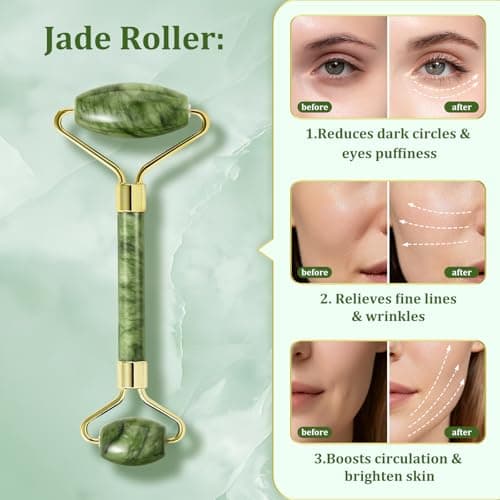 MANLENO Natural Jade Face Roller & Gua Sha Set Facial Massage Tools - Thumbnail 3