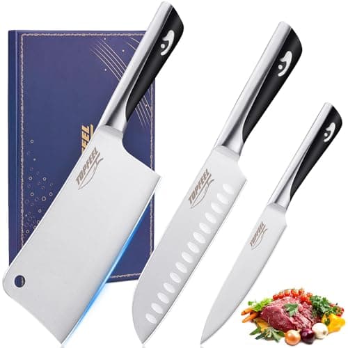 Topfeel Butcher Knife Meat Cleaver Set 3Pcs-7" Heavy Duty Bone Chopper& 7" Santoku Knife& 5" Utility Knife, German Stainless Steel Chef Knives Set for Kitchen Home Gift - Image 1