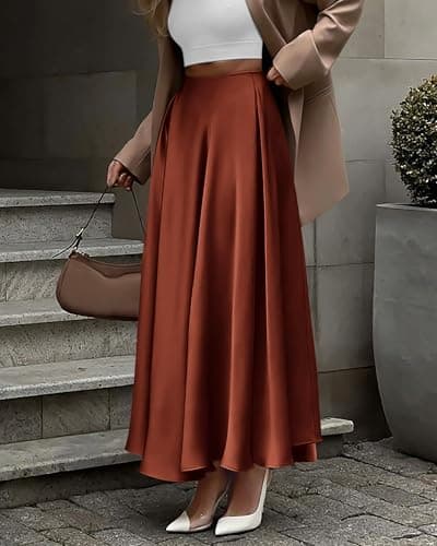 BTFBM Satin Skirts for Women Spring Fashion 2026 Elegant Flowy A-Line Cocktail Formal Silk Maxi Skirt Night Out Outfits(Brown, Medium) - Thumbnail 4