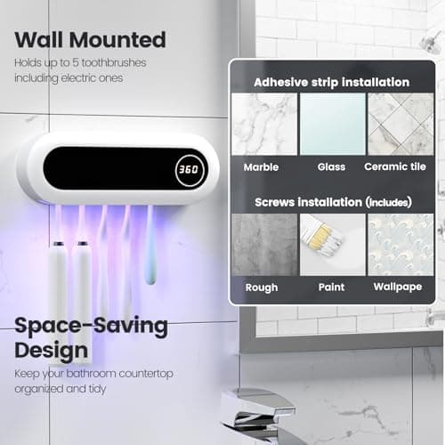 MIMORE Toothbrush Holder, 5 Toothbrush Slots & Timer Function, Cordless Wall Mounted Toothbrush Holders for Bathrooms - Thumbnail 5