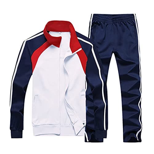 Sun Lorence Men's Athletic Running Tracksuit Set Casual Full Zip Jogging Sweat Suit White M - Image 1