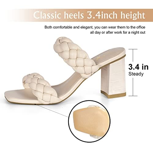 Athlefit Women's Braided Heeled Sandals Summer Square Open Toe Heels Slip On Block Heels Beige Size 7.5 - Thumbnail 4