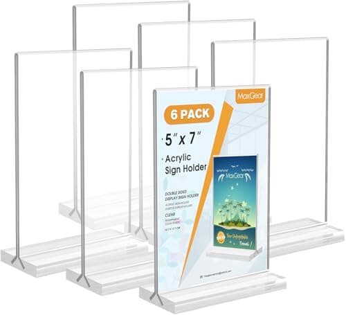 MaxGear 5x7 Acrylic Sign Holder 6 Pack, Clear Table Display Stand， Double Sided Flyer Menu Holder Photo Frame, Plastic Paper Holder Acrylic Picture Frames for Stores, Restaurants, Hotels, Office - Image 1