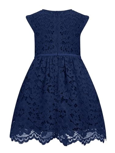 ALLOVIN Girls & Toddlers Sleeveless A-Line Lace Party Dress Birthday Wedding & Flower Girl Dress with Beaded Bowknot | Navy Blue | 3-4T - Thumbnail 4