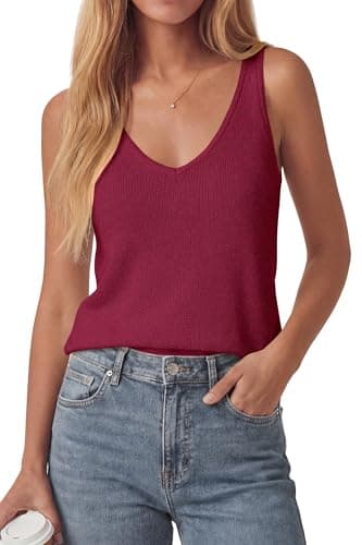 PRETTYGARDEN Women Summer Tank Tops 2026 Basic Sleeveless V Neck Lightweight Knit Beach Vacation Clothes Going Out Top(Burgundy,Medium) - Image 1