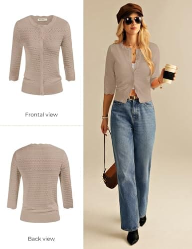 GRACE KARIN Womens Short Sleeve Cardigan Sweater, Lightweight Cropped Cardigan Trendy, Dressy Casual Floral Bolero Shrugs Khaki - Thumbnail 6