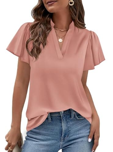 PRETTYGARDEN Women's 2026 Summer Satin Blouses Dressy Casual Ruffle Cap Sleeve V Neck Business Work Cute Tops Spring Outfits (Pink,Small) - Image 1