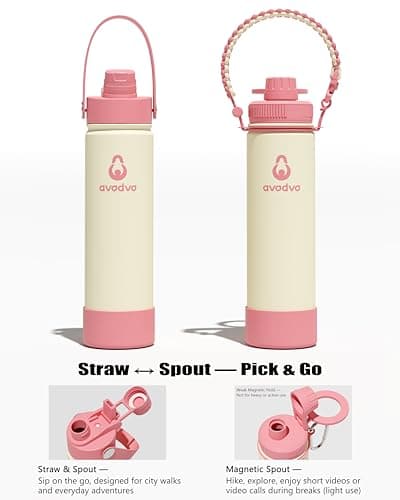 avodvo 20 oz Insulated Water Bottle with 2 Lids (2-in-1 Straw & Spout Lid, Magnetic Lid), Slim Water Bottle with Strap, Stainless Steel Water Bottle for School, PA-Free, Light Pink - Thumbnail 3