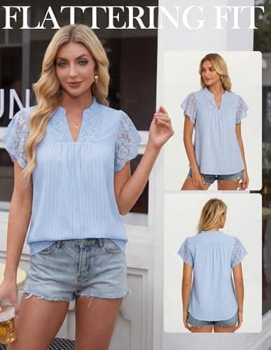 GRACE KARIN Lace Short Sleeve Tops Flowy,Dressy Casual Cotton Blouses Eyelet,V Neck Dress Shirts Trendy Clothing Summer 2026 Light Blue - Thumbnail 3