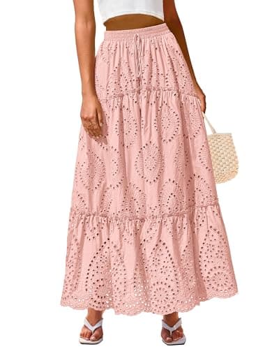 BTFBM Boho Long Skirts for Women Spring Summer 2026 Lace Embroidery High Waist Flowy Tiered Maxi Skirt Beach Vacation(Pink, X-Large) - Image 1