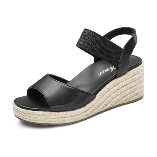 Athlefit Women's Espadrille Platform Wedge Sandals Comfortable Dressy Summer Elastic Strap Open Toe Black Sandals with Arch Supportfor Summer Casual Work Size 5.5 - Image 1