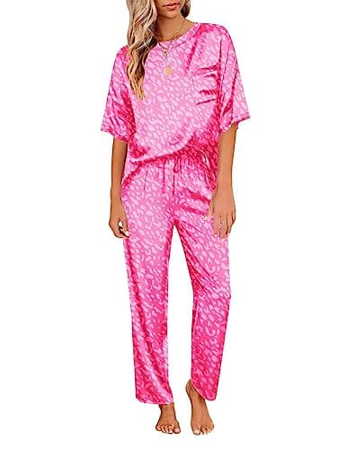 Ekouaer Womens Satin Silky Pajama Set Short Sleeve Shirt with Long Pajama Pant Set Soft PJ Loungewear - Image 1