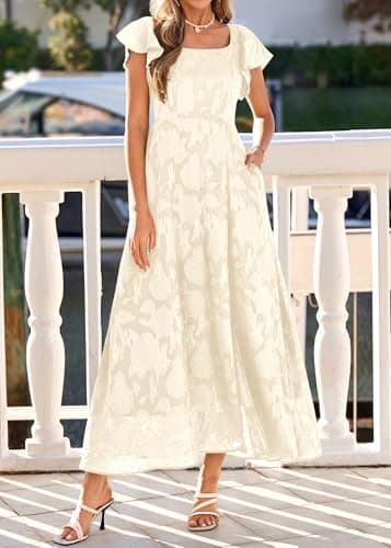 KIRUNDO Cocktail Dresses for Women Elegant Wedding Guest Summer Formal Maxi Lace Floral Slit Prom Party Bridesmaid Dress (Beige, Small) - Thumbnail 4
