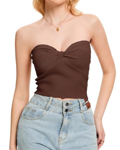Molirex Strapless Bandeau Tops for Women Twist Knot Tube Top Ribbed Knit Sleeveless Y2K Crop Tank 2025 Summer Outfits Brown Large - Image 1