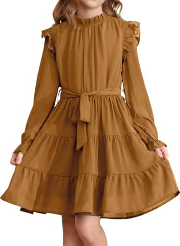 blibean Tween Girls Fall Dresses Teen Kids Girl Maxi Ruffle Long Sleeve Dresses Spring Semi Formal Party Wedding Guest Outfits Flare Flowy Dressy Photoshoot Clothes Size 6-7 Year Old Brown - Image 1