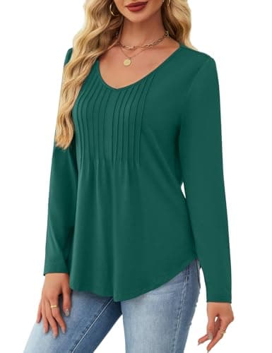 JUSTFASHIONNOW Long Sleeve Shirts for Women Fall Tops Pleated Plus Size Ladies Dressy Casual Blouses V Neck Christmas Loose Fit Tunic Tops to Wear with Leggings (Dark Green, X-Large) - Thumbnail 2