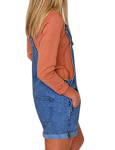 Vetinee Women's Dark Blue Classic Adjustable Straps Cuffed Hem Denim Bib Overall Shorts Medium - Thumbnail 3