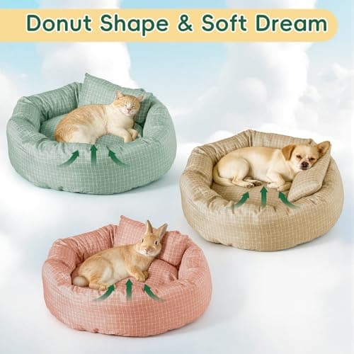 Colewin Small Cat Bed for Indoor Cats Dogs, Washable Round Donut Pet Bed for Puppies Kittens, Cute Rabbit Bunny Beds with Reversible Winter & Summer Cushion for Pets Up to 8lbs (Green) - Thumbnail 4