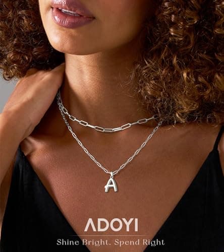 adoyi Easter Basket Stuffers Silver Initial Necklace for Women 14k Gold Plated Layered Bubble Letter Necklaces Trendy Jewelry Chain Name P Pendant Necklace Stack Birthday Valentines Gifts - Thumbnail 6