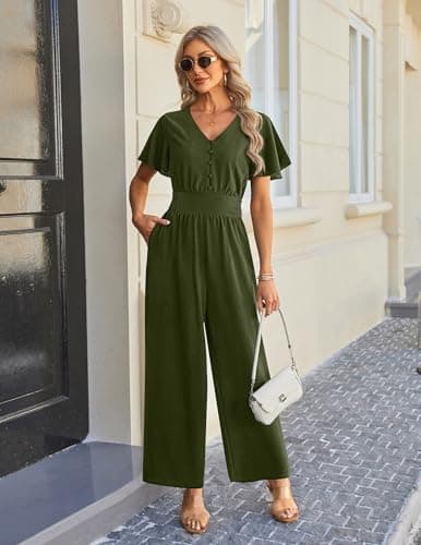 LOOKBOHO Dressy Jumpsuits for Women 2026 Summer Ruffle Short Sleeve Button V Neck Wide Leg Romper One Piece Outfits - Thumbnail 2
