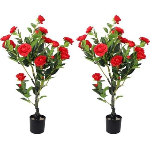 2 Pack Artificial Camellia Tree, 36" Red Faux Camellia Plant, Fake Indoor Outdoor Tree for Home, Office, Porch, Living Room, Red - Image 1