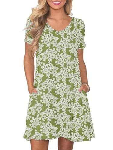 Moodclo Women's Summer Casual Dresses Green Roses Small Short Sleeve Swing T-Shirt Dress with Pockets Ladies V-Neck Beach Vacation Sundresses - Image 1