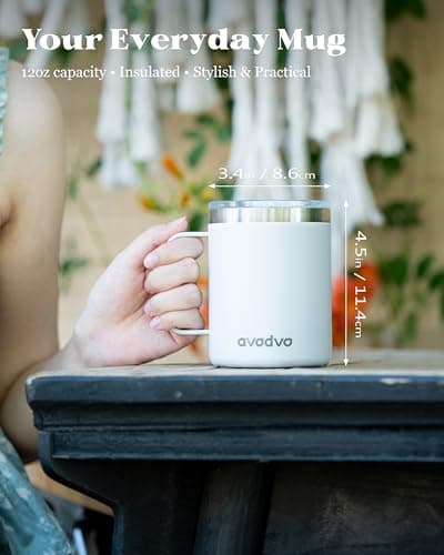 avodvo 12oz Insulated Coffee Mug with Lid – Includes Two Lids, Stainless Steel Coffee Travel Mug with Handle, Double Wall Vacuum Insulated Camping Mug for Home, Office & Outdoor, White - Thumbnail 4