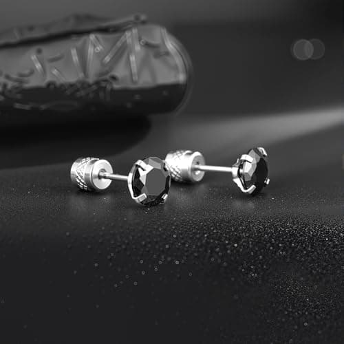 VOLUKA Titanium Screw Back Earrings for Sensitive Ears, Surgical Stainless Steel Hypoallergenic Cubic Zirconia Stud Earrings for Women Men （Black-White） - Thumbnail 4