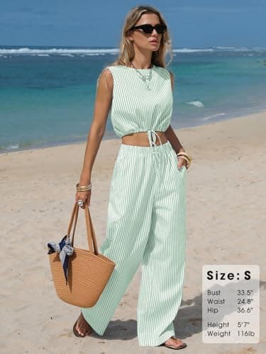 EXLURA Womens 100% Cotton 2 Piece Outfits Stripe Drawstring Crop Tank Tops Wide Leg Pant Sets Faux Linen Summer Cruise Beach - Thumbnail 3