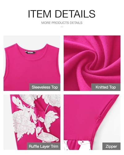 BTFBM Women Casual Sleeveless Summer Dresses 2026 Spring Crewneck Patchwork Boho Floral Ruffle Cocktail Party Midi Dress(Big Floral White Rose Red, Small) - Thumbnail 6