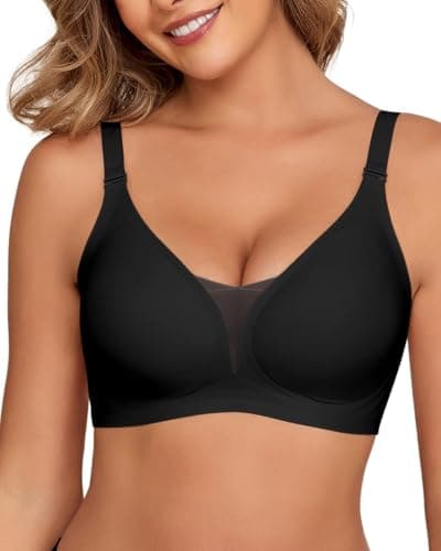 Ubras Womens Wireless Bra Deep V Mesh Soft Support Bra Seamless Bralette Comfort No Underwire Everyday Bra Black XXL - Image 1