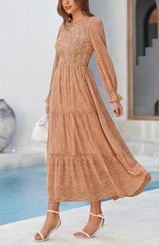 BTFBM Women Casual Long Sleeve Crew Neck Fall Dress Bohemian Relaxed Fit Floral Flowy Maxi Dresses Tiered Cocktail Dress(Floral Brown,Small) - Thumbnail 4