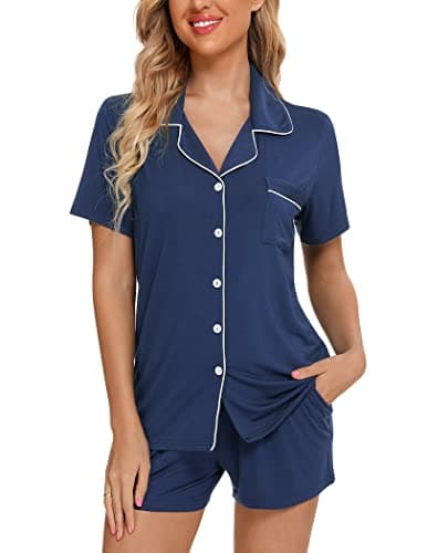 Pjmlifecoco Pajamas Women Shorts Sets Short Sleeve Nightwear Button Down Sleepwear Soft Modal Summer Pjs Set Cyan Blue - Image 1