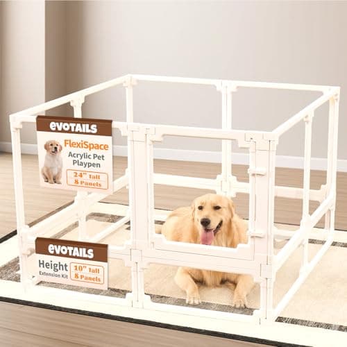 EVOTAILS FlexiSpace Customizable Height & Space Clear Acrylic Dog playpen Indoor, The ONLY Play Pen That Grows with Your Pets (White 24”H, 8 Panels)