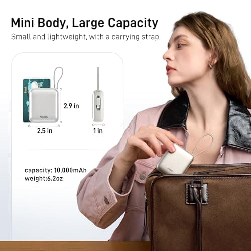 VINKO Small Portable Charger, 22.5W Fast Charging Mini Power Bank 10000mAh with Built-in Cables, Travel Essential USB-C Battery Pack Compatible with iPhone 17/16/15, Samsung S25/24, Android (White) - Thumbnail 2
