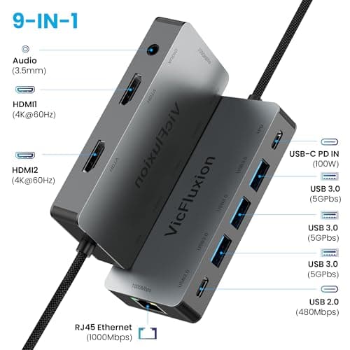 USB C Docking Station Dual Monitor, 9-in-1 USB Hub with 2 HDMI 4K@60HZ, 1×1000Mbps Ethernet, 3× USB 3.0, 1× Type C, 1× PD Charging, 1×3.5mm Audio, HDMI Adapter for Laptops/Computer/Tablets/Mac/Windows - Thumbnail 2