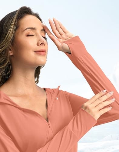 Soothfeel Women's UPF 50+ Swim Cover Up Sun Protection Hoodie SPF Lightweight Jacket Long Sleeve Beach Cover Ups for Women (Coral Pink,XL) - Thumbnail 3