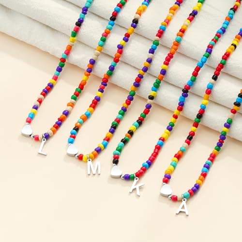 Eaciy Silver Initial Necklaces for Women - Colorful Beaded Letter T Initial Necklace Cute Heart Necklaces Silver Necklace Jewelry for Women - Thumbnail 6