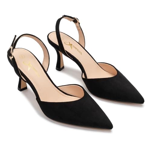 Athlefit Closed Pointed Toe Kitten Heels for Women Dress Work Wedding Party Slingback Stiletto Pumps Shoes Black Suede, Size 9, SAPU2606W - Thumbnail 6