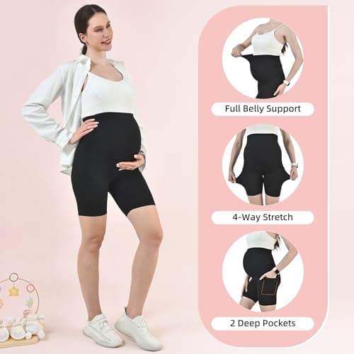 Leafigure Maternity Shorts with Pockets Over The Belly for Women, High Waisted Soft Pregnancy Yoga Pants Grey XL - Thumbnail 4