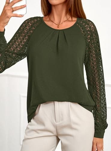 PRETTYGARDEN Womens Long Sleeve Shirts Lace Tops 2026 Spring Fashion Outfits Dressy Casual Blouses Work Clothes (Army Green,X-Large) - Thumbnail 5