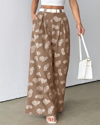 Bsubseach Women Palazzo Pants Modern Boho Floral High Waisted Wide Leg Pants Summer Causal Beach Trousers with Pockets Khaki L - Thumbnail 3