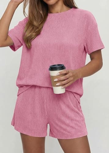 KIRUNDO Two Piece Sets for Women Dressy Casual Ribbed Knit Short Sleeve Top Matching Shorts Lounge Set 2026 Summer Outfits(Pink, Large) - Thumbnail 3